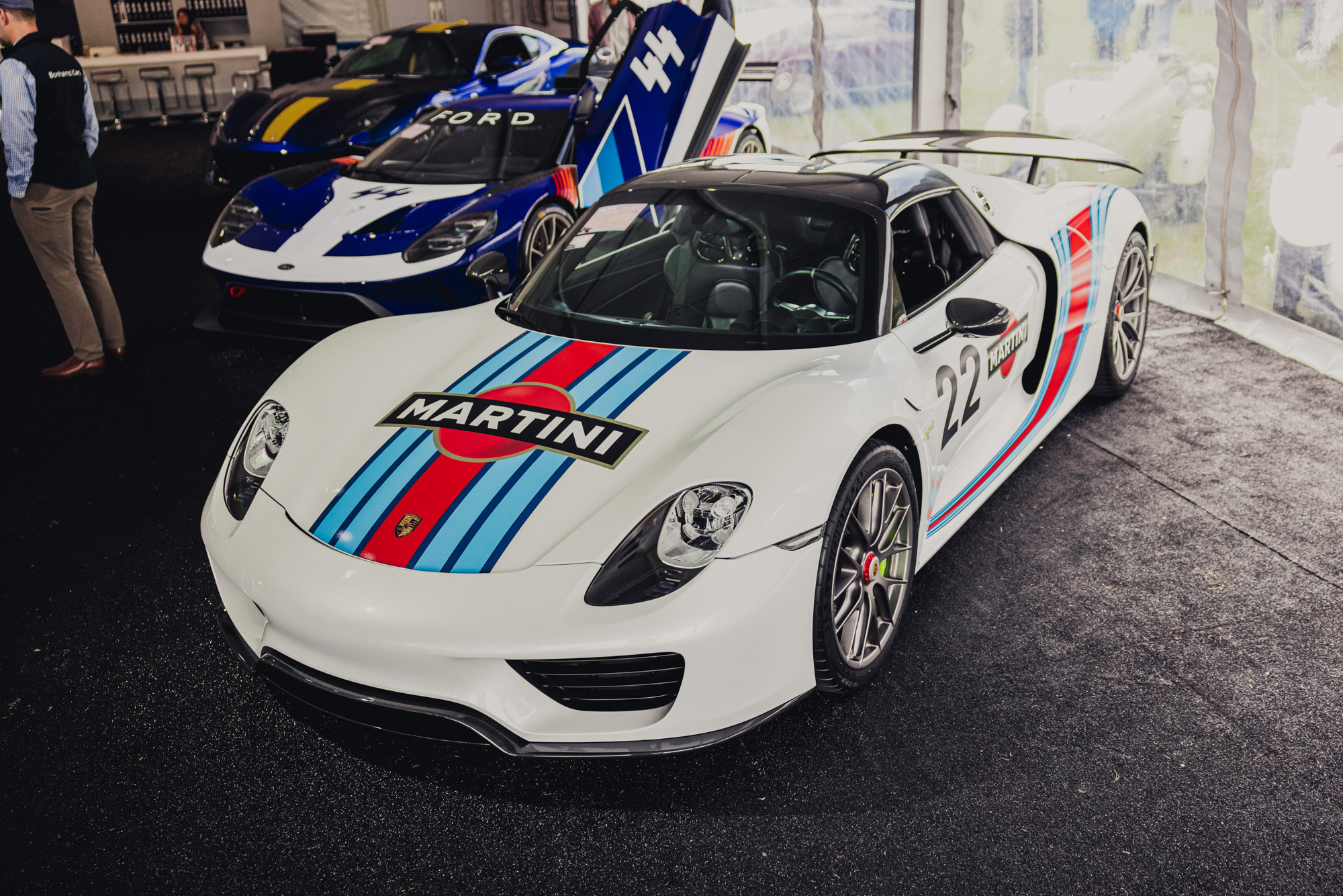 Paint to Sample Oryx White Metallic with Martini Stripes 2015 Porsche 918 Spyder Weissach – Monterey Car Week 2024